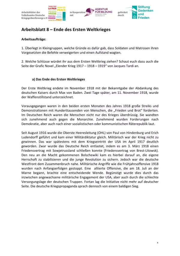 Arbeitsblatt: Arbeitsblatt 8 - Ende des Ersten Weltkrieges