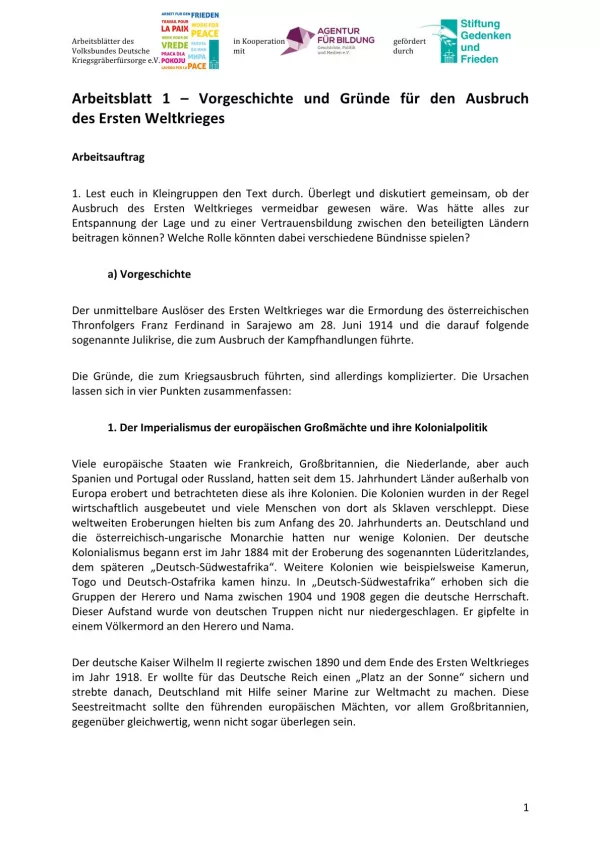 Arbeitsblatt: Arbeitsblatt 1 - Vorgeschichte und Gründe für den Ausbruch des Ersten Weltkrieges
