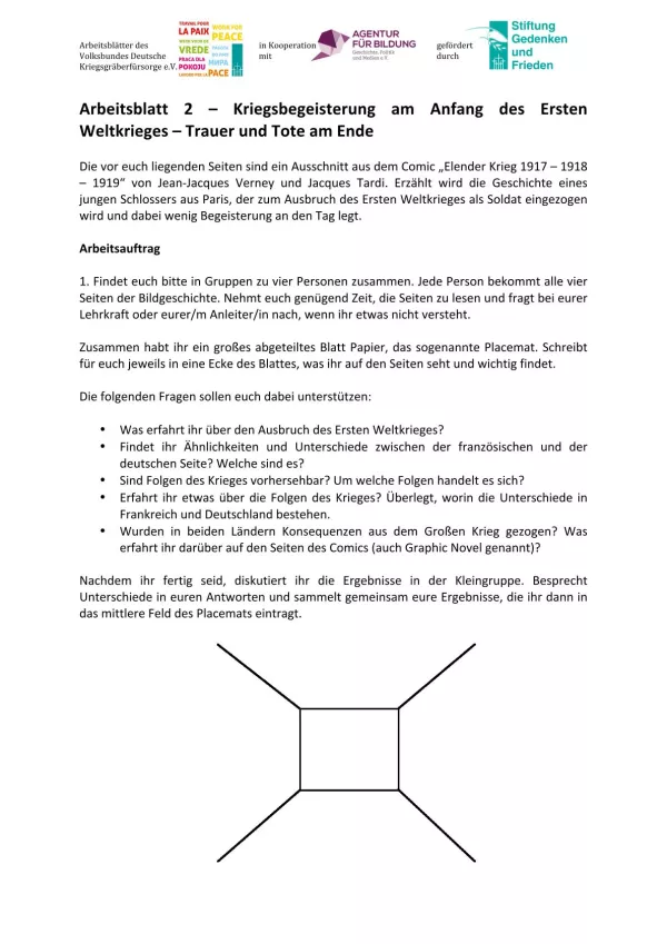Arbeitsblatt: Arbeitsblatt 2 - Kriegsbegeisterung am Anfang des Ersten Weltkrieges - Trauer und Tote am Ende