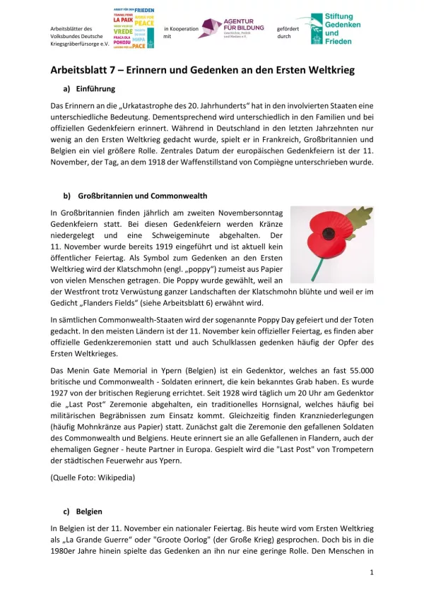 Arbeitsblatt: Arbeitsblatt 7 - Erinnern und Gedenken an den Ersten Weltkrieg