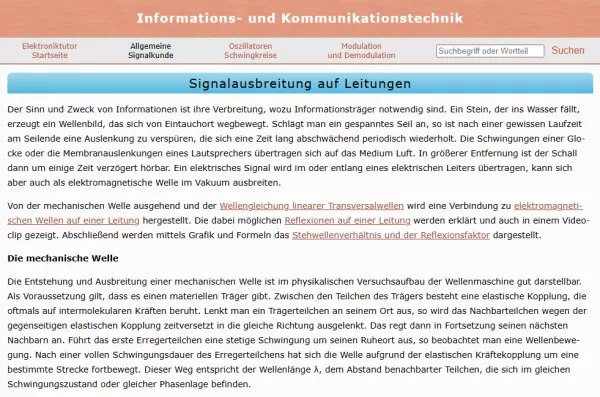 Webseite: Signalausbreitung auf Leitungen