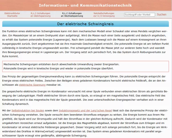 Webseite: Der elektrische Schwingkreis