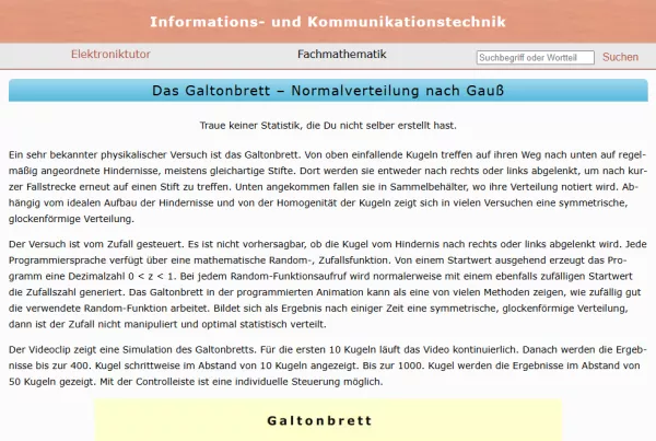 Webseite: Das Galtonbrett - Normalverteilung nach Gauß