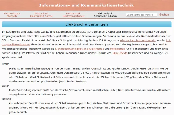 Webseite: Elektrische Leitungen