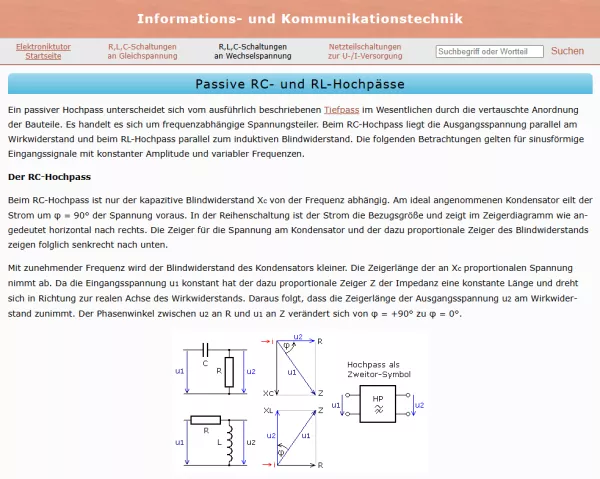 Webseite: Passive RC- und RL-Hochpässe