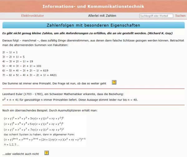 Webseite: Zahlenfolgen mit besonderen Eigenschaften