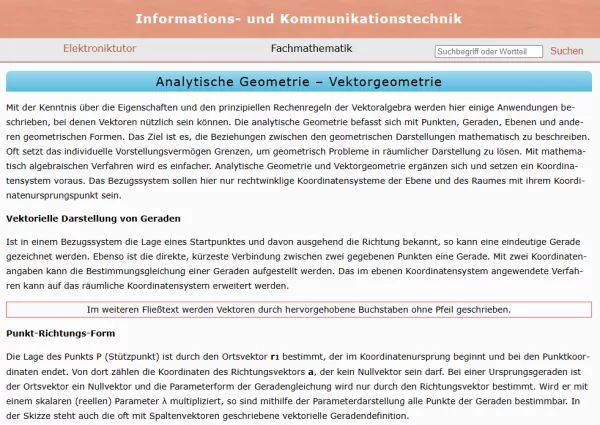 Webseite: Analytische Geometrie - Vektorgeometrie