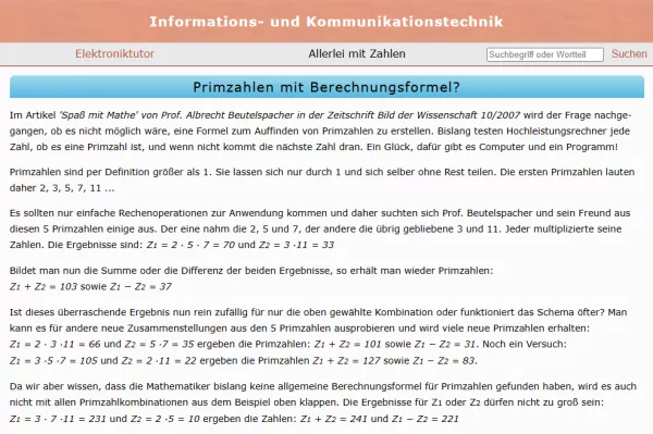 Webseite: Primzahlen mit Berechnungsformeln?