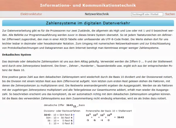 Webseite: Zahlensysteme im digitalen Datenverkehr