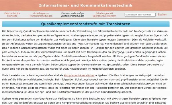 Webseite: Quasikomplementärendstufe mit Transistoren