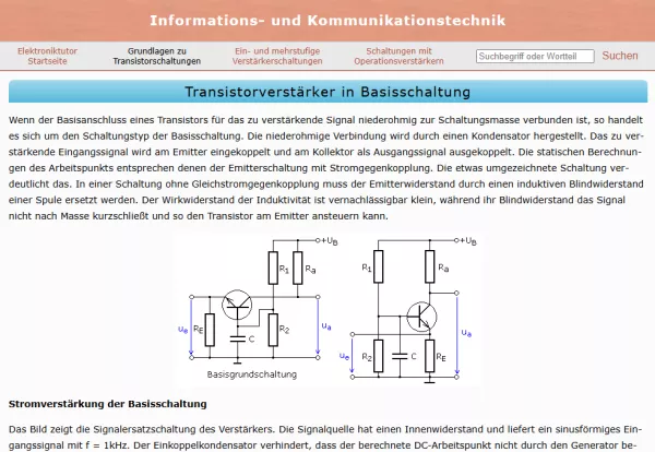 Webseite: Transistorverstärker in Basisschaltung