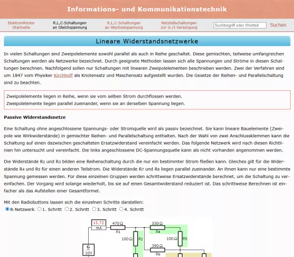 Webseite: Lineare Widerstandsnetzwerke