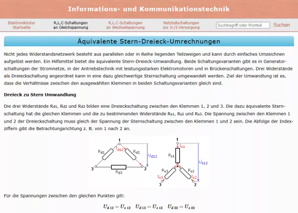 Webseite: Äquivalente Stern-Dreieck-Umrechnungen