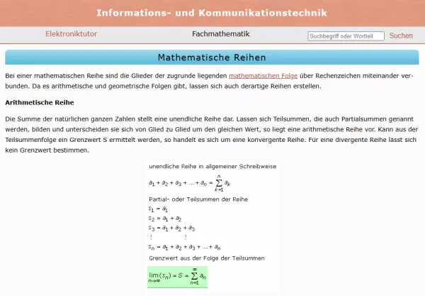 Webseite: Mathematische Reihen