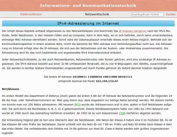 Webseite: IPv4-Adressierung im Internet