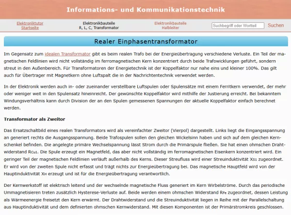 Webseite: Realer Einphasentransformator
