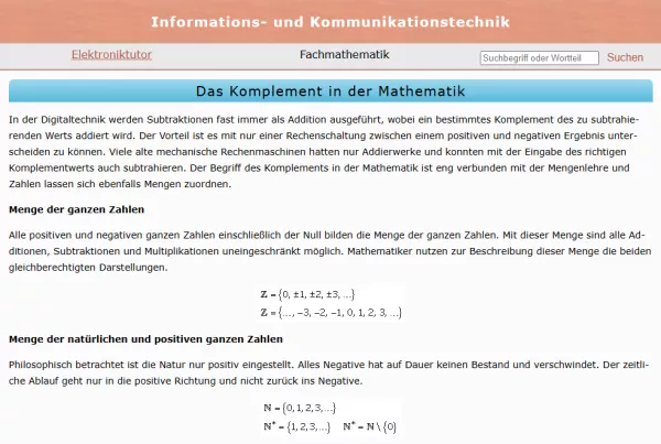 Webseite: Das Komplement in der Mathematik
