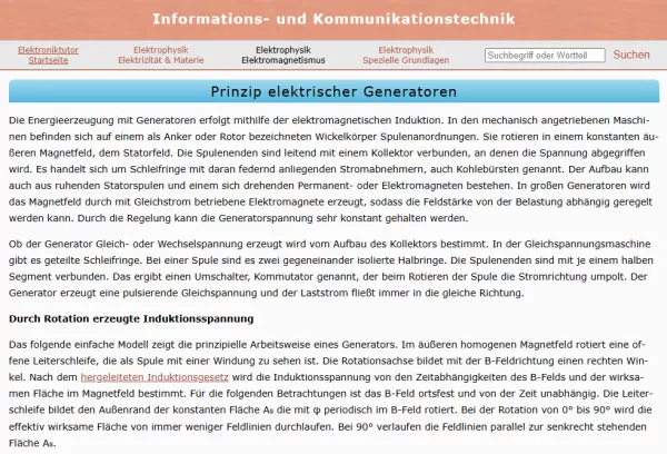Webseite: Prinzip elektrischer Generatoren