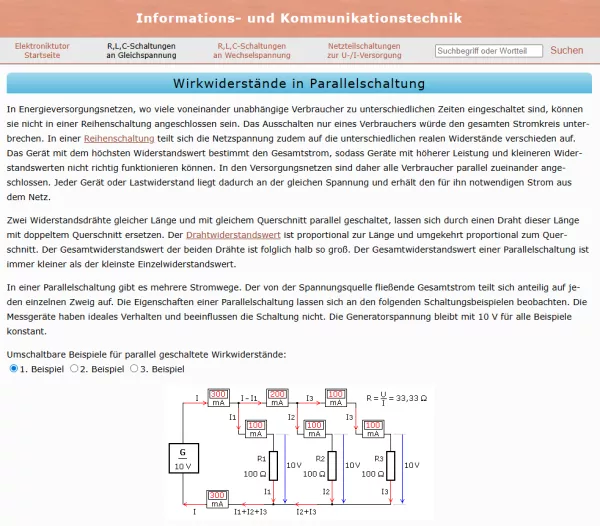 Webseite: Parallelschaltung ohmscher Widerstände