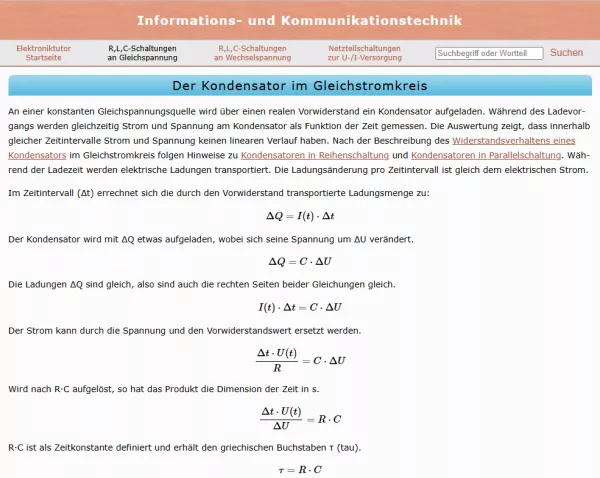 Webseite: Kondensator im Gleichstromkreis