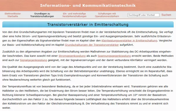 Webseite: Transistorverstärker in Emitterschaltung