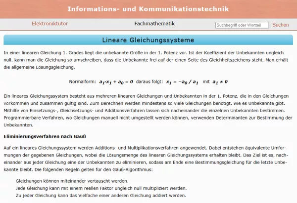 Webseite: Lineare Gleichungssysteme