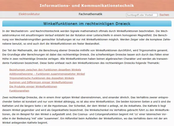 Webseite: Winkelfunktionen im rechtwinkligen Dreieck