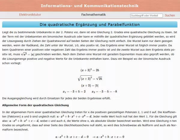 Webseite: Die quadratische Ergänzung und Parabelfunktion