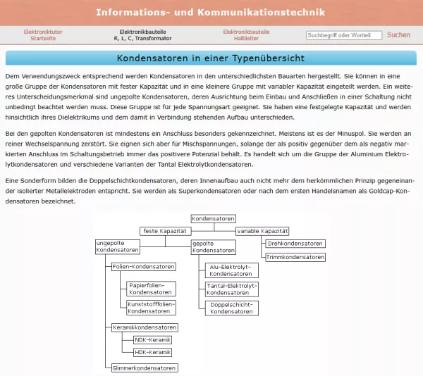 Webseite: Kondensatoren in einer Typenübersicht