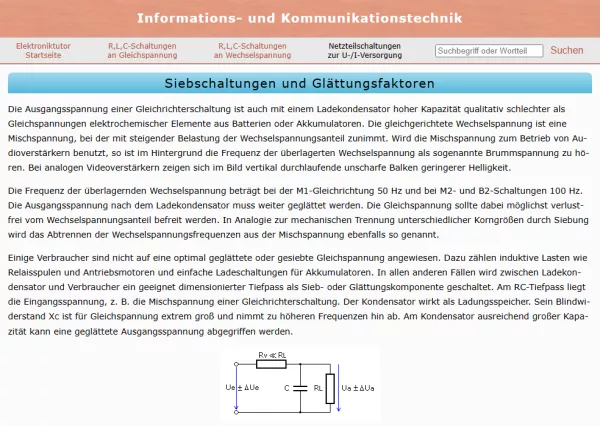 Webseite: Siebschaltungen und Glättungsfaktoren