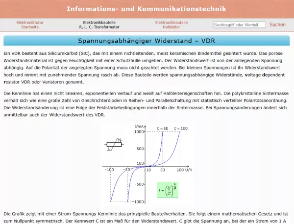 Webseite: Spannungsabhängiger Widerstand - VDR