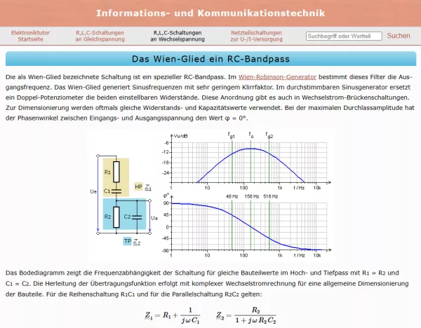 Webseite: Das Wien-Glied - ein RC-Bandpass