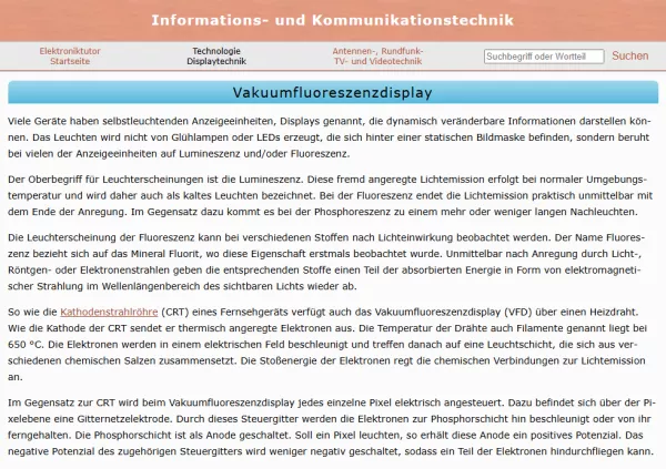 Webseite: Vakuumfluoreszenzdisplay