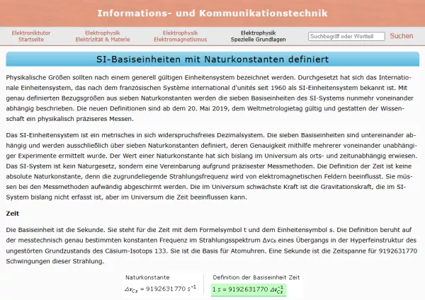 Webseite: SI-Basiseinheiten mit Naturkonstanten definiert