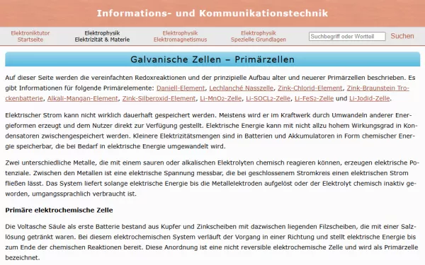 Webseite: Galvanische Zellen - Primärzellen