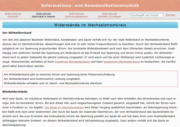 Webseite: Widerstände im Wechselstromkreis
