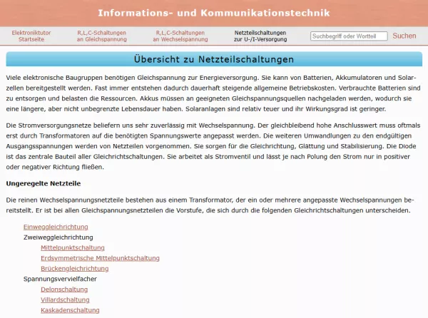 Webseite: Übersicht zu Netzteilschaltungen