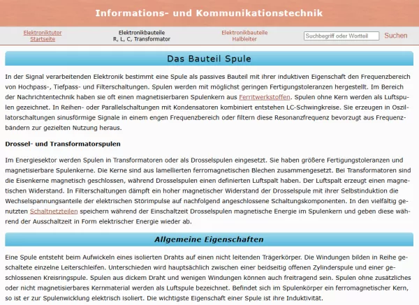 Webseite: Das Bauteil Spule
