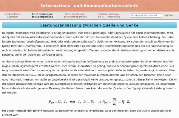 Webseite: Leistungsanpassung zwischen Quelle und Senke