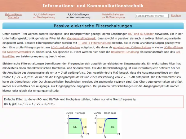 Webseite: Passive elektrische Filterschaltungen