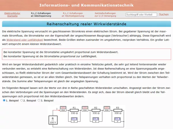 Webseite: Reihenschaltung ohmscher Widerstände
