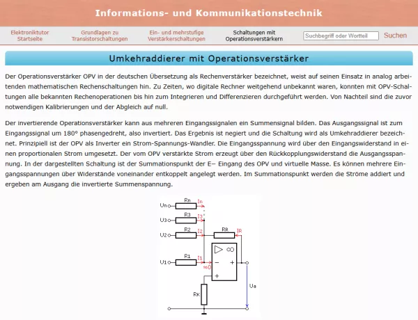Webseite: Umkehraddierer mit Operationsverstärker