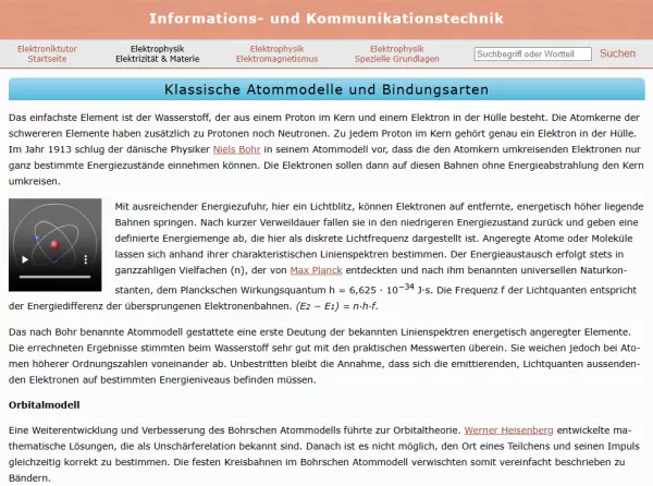 Webseite: Klassische Atommodelle und Bindungsarten