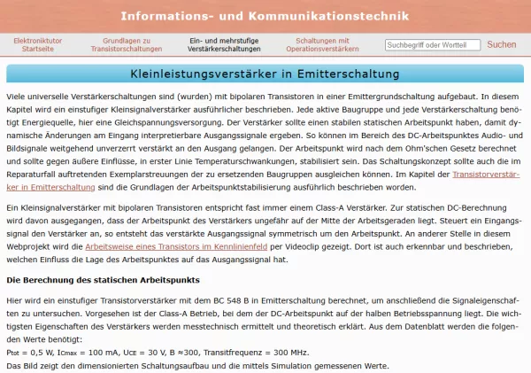 Webseite: Der Kleinleistungsverstärker in Emitterschaltung