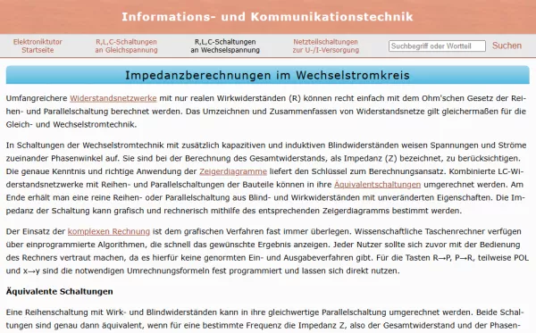 Webseite: Impedanzberechnungen im Wechselstromkreis