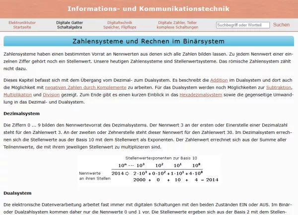 Webseite: Zahlensysteme und Rechnen im Binärsystem