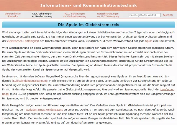 Webseite: Die Spule im Gleichstromkreis