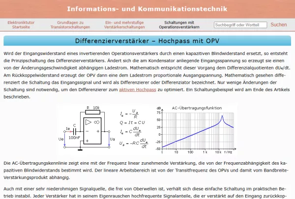 Webseite: Differenzierverstärker - Hochpass mit OPV