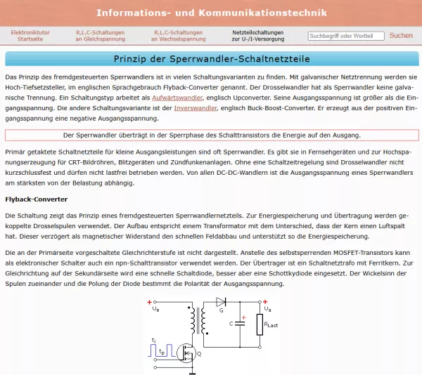 Webseite: Prinzip der Sperrwandler-Schaltnetzteile