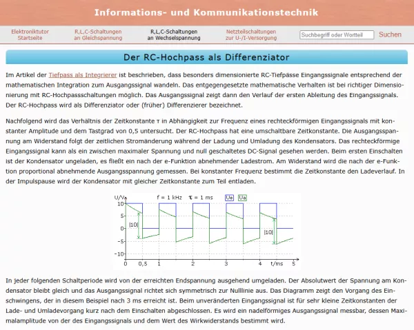 Webseite: Der RC-Hochpass als Differenzierer